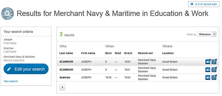 Merchant Seaman Search Result from Findmypast.com